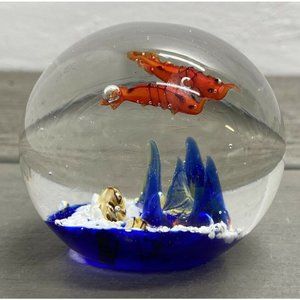 Vtg Art Glass Paper Weight Ocean Floor Scene Snail Coral Shrimp Fish Blue Sand